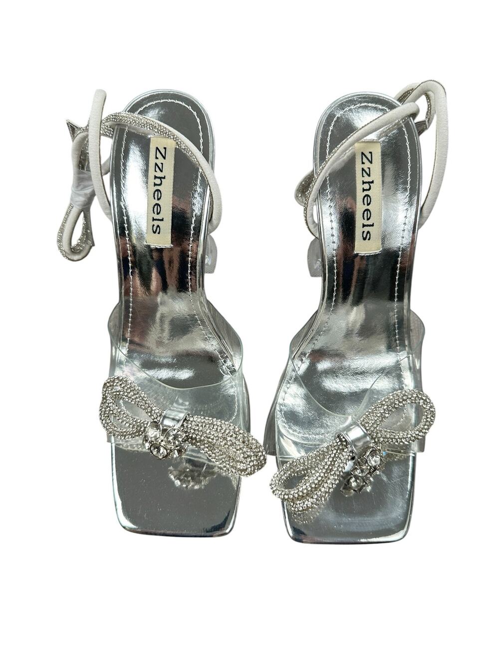 Zzheels Embellished Bow Tie Strappy Heels Silver Clear — Size 8